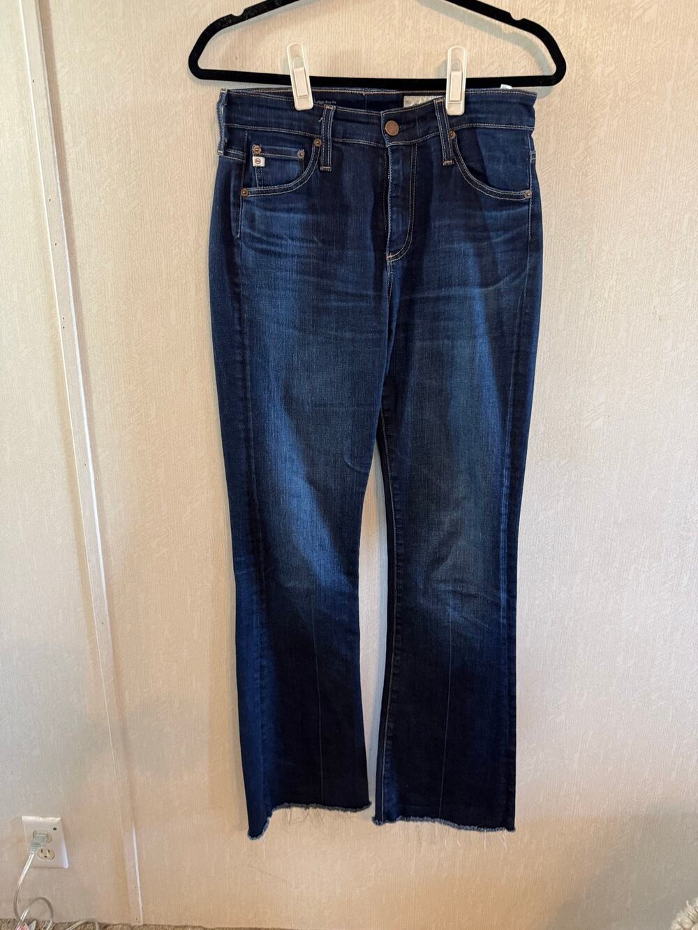 AG Adriano Goldschmied Farrah Boot High Rise Raw Hem Jeans Dark Wash